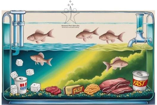 Illustration: Sinnbildlich – Körper als Aquarium – Zellen (Fische) im trüben Wasser durch Zucker, Stress & Toxine.